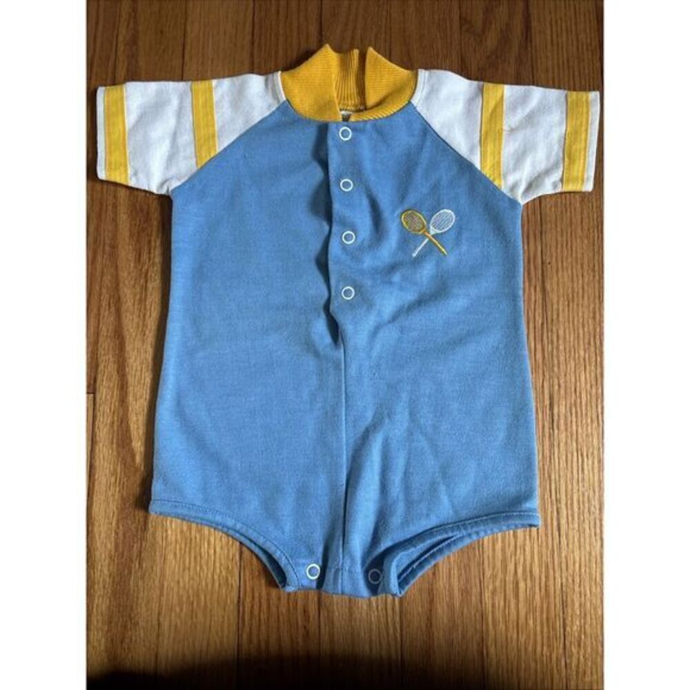 Vintage Baby cotton Short Overalls Romper Tennis  Embroidered‎ 12M